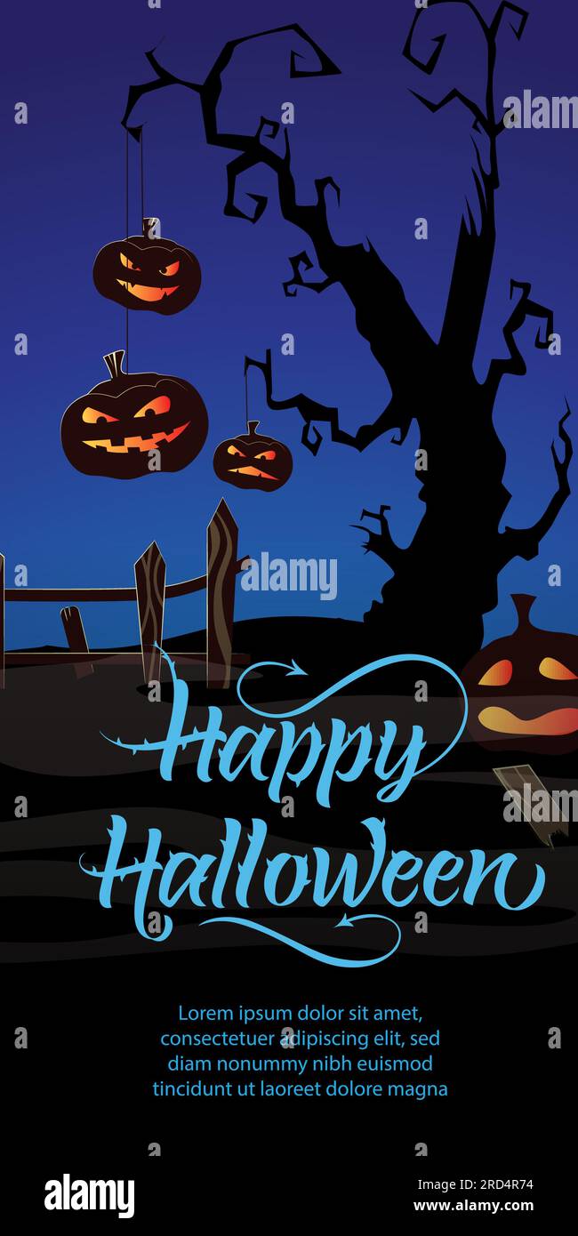 Text für „Trick or Treat Party This Friday“. Kürbisse, Spinnennetz, Baum Stock Vektor