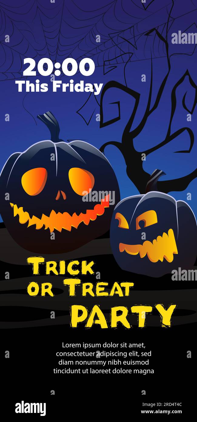 Text für „Trick or Treat Party This Friday“. Kürbisse, Spinnennetz, Baum Stock Vektor