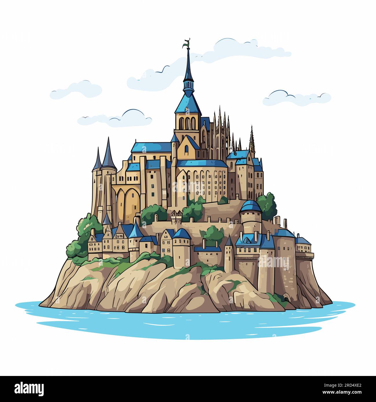 Mont Saint Michel. Mont Saint-Michel, handgemalte Comic-Illustration. Vektor-Doodle-Zeichentrickfilm-Illustration Stock Vektor