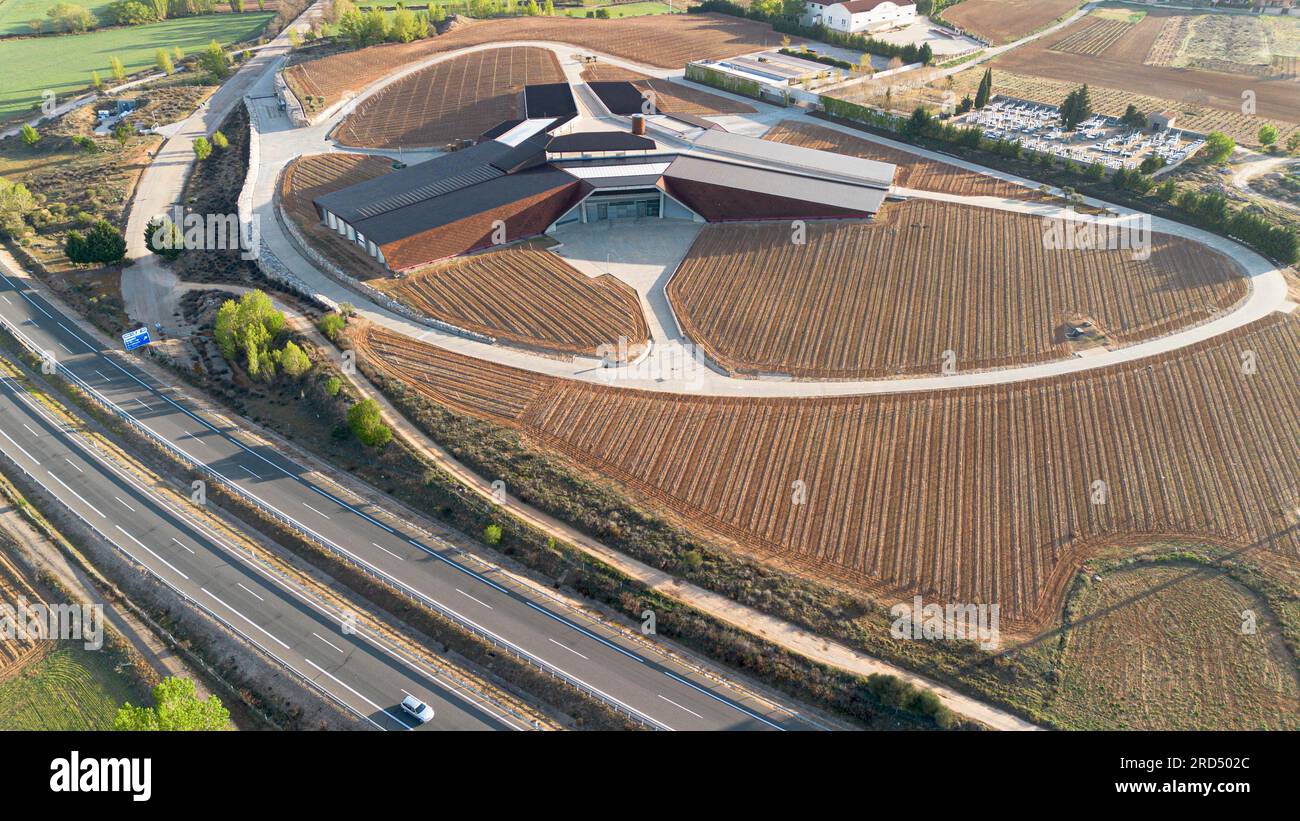 Gumiel de Izan, Burgos, Spanien: Luftaufnahme des Weinguts Portia, entworfen von Foster & Partners in der Ursprungsbezeichnung Ribera del Duero Stockfoto