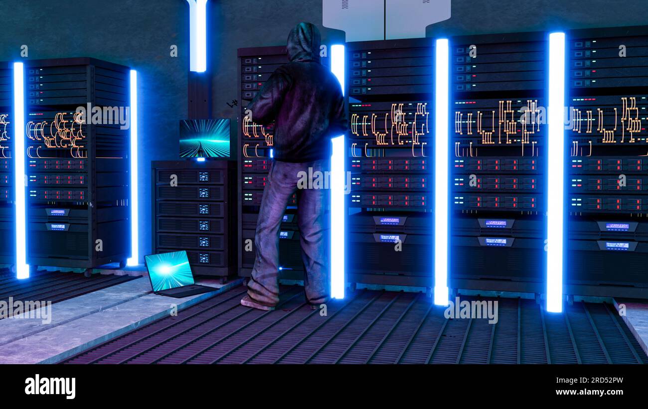 Hacker in Aktion auf großen Unternehmensservern. Raubkopien und Geschäftsgeheimnisse. Hacking-Verbindung. Stehlen Sie Informationen und verbreiten Sie sie online. 3D Stockfoto