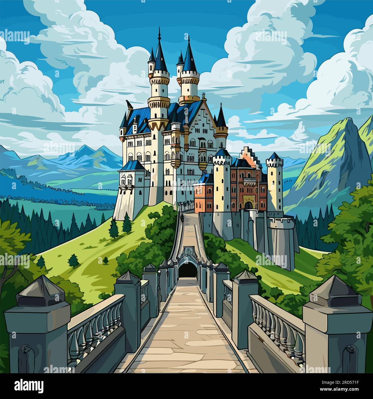 Neuschwanstein. Schloss Neuschwanstein, handgemalte Comic-Illustration. Vektor-Doodle-Zeichentrickfilm-Illustration Stock Vektor