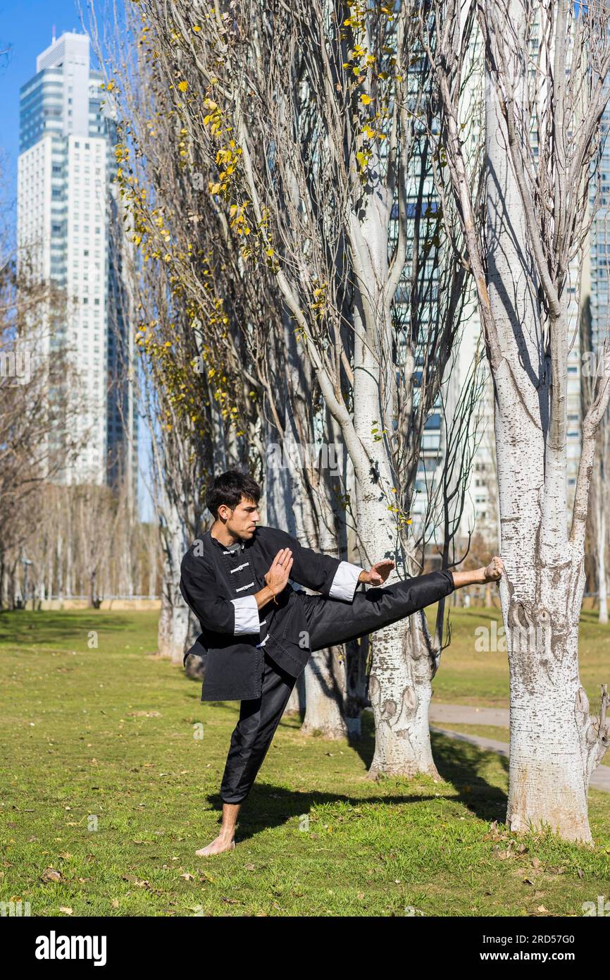 Ein sportlicher Kampfsportler, der Kicks in einem öffentlichen Park trainiert. Stockfoto