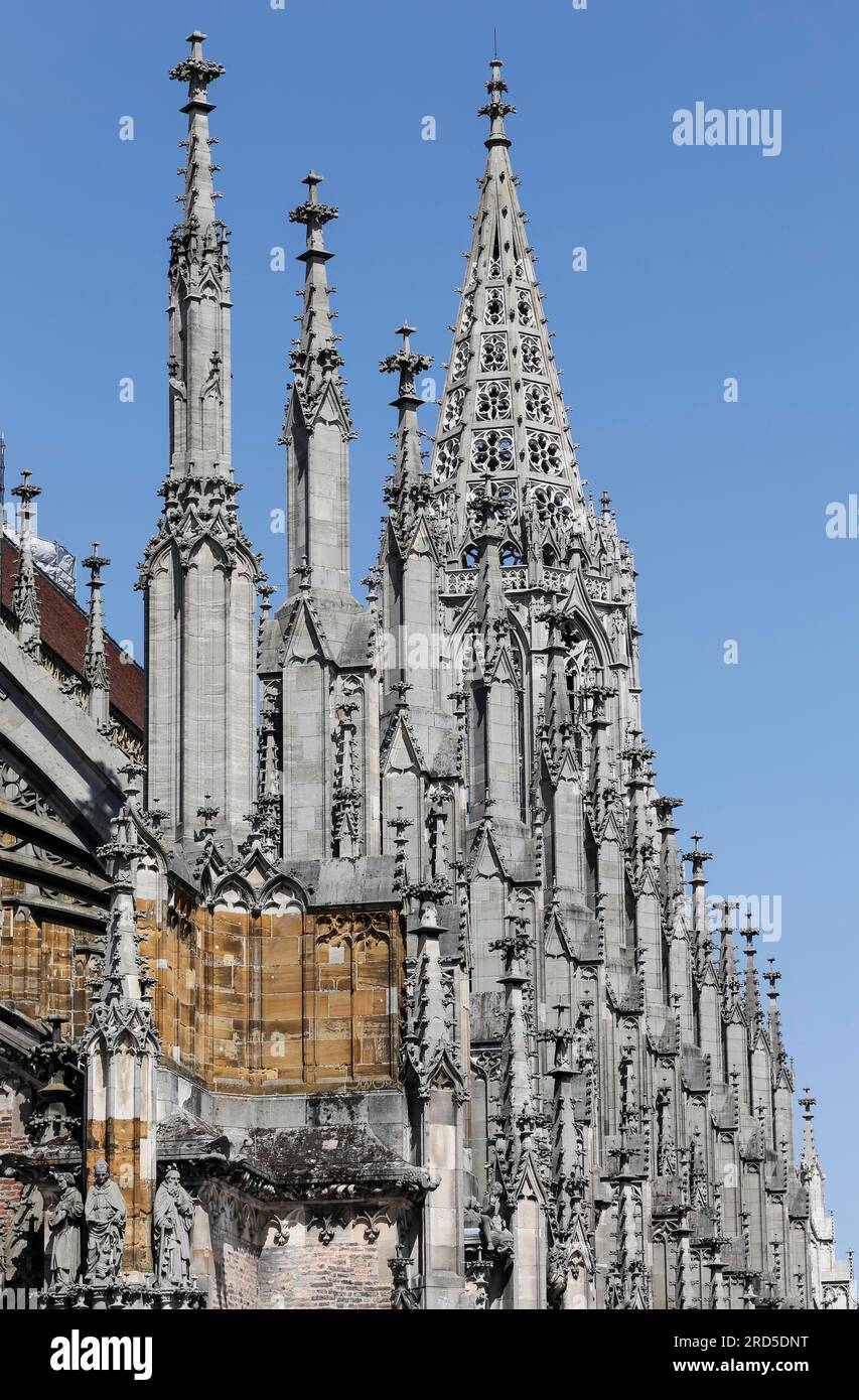 Ulmer Kathedrale, Details Südgang, hinter Südturm, Sakralgebäude, Kirche, Fassade, Architektur, Ulm, Baden-Württemberg, Deutschland Stockfoto