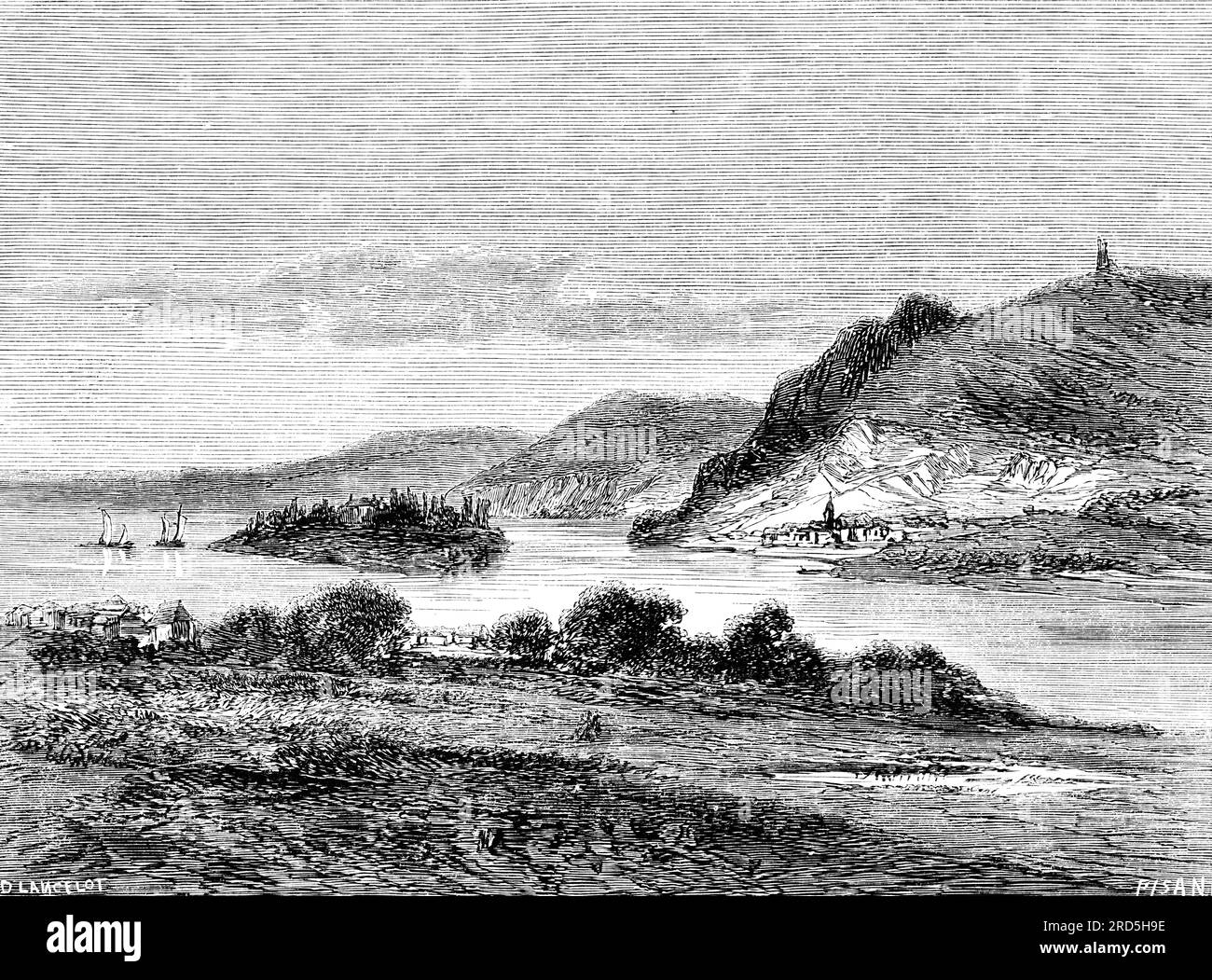Nonnenwerth-Insel am Rhein mit Remagen-Rolandseck, Rhein, Deutschland, Le Rhin, Victor Hugo, Historische Illustration, c. 1843 Stockfoto