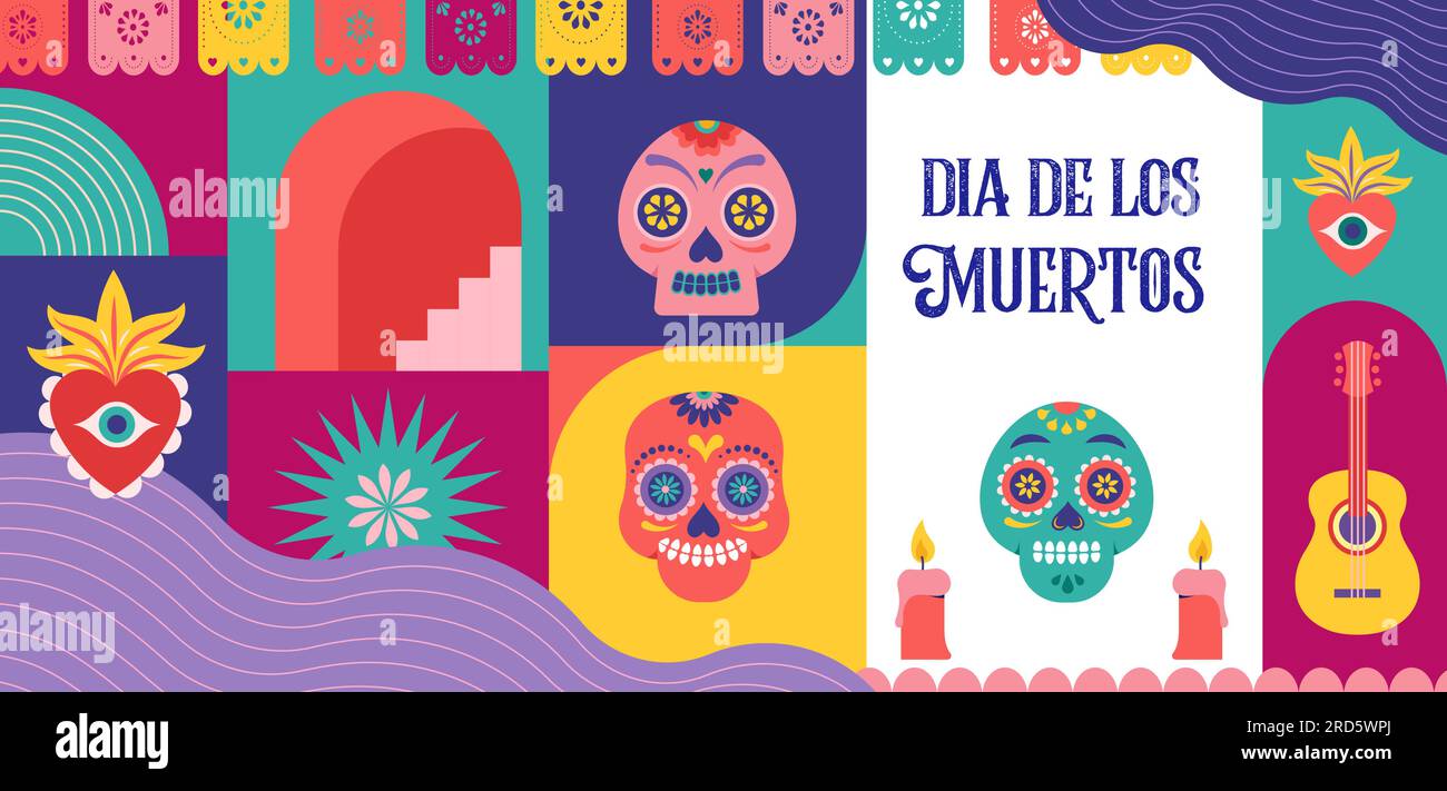 Dia de los muertos, Todestag, mexikanischer Feiertag, Festival. Vektorposter, Banner und Karte in modernem geometrischen Stil, mit Totenköpfen, Kirche Stock Vektor