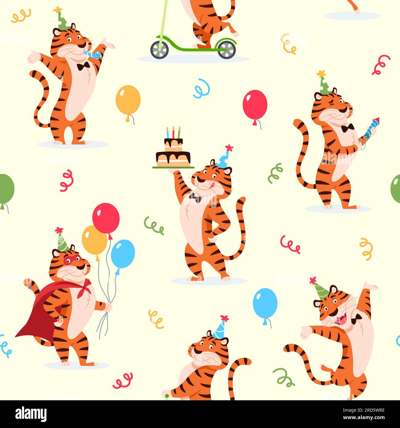 Cartoon Geburtstagstags-Tiger mit nahtlosem Muster Stock Vektor