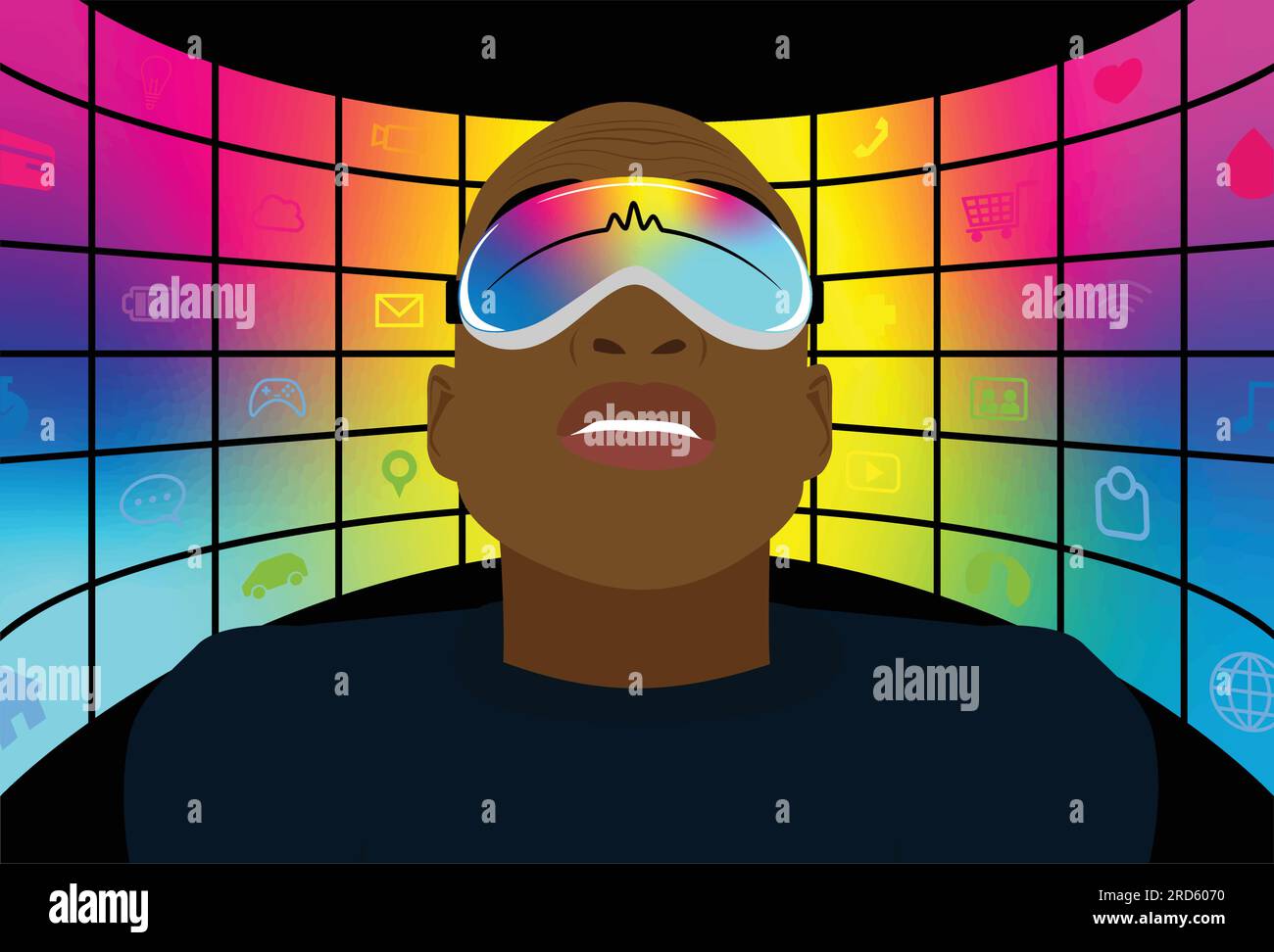 Afroamerikaner mit New Mixed Reality, Spacial Computer, AR Virtual Reality Goggle Headset Device Technology, um den Alltag zu verschmelzen Stock Vektor