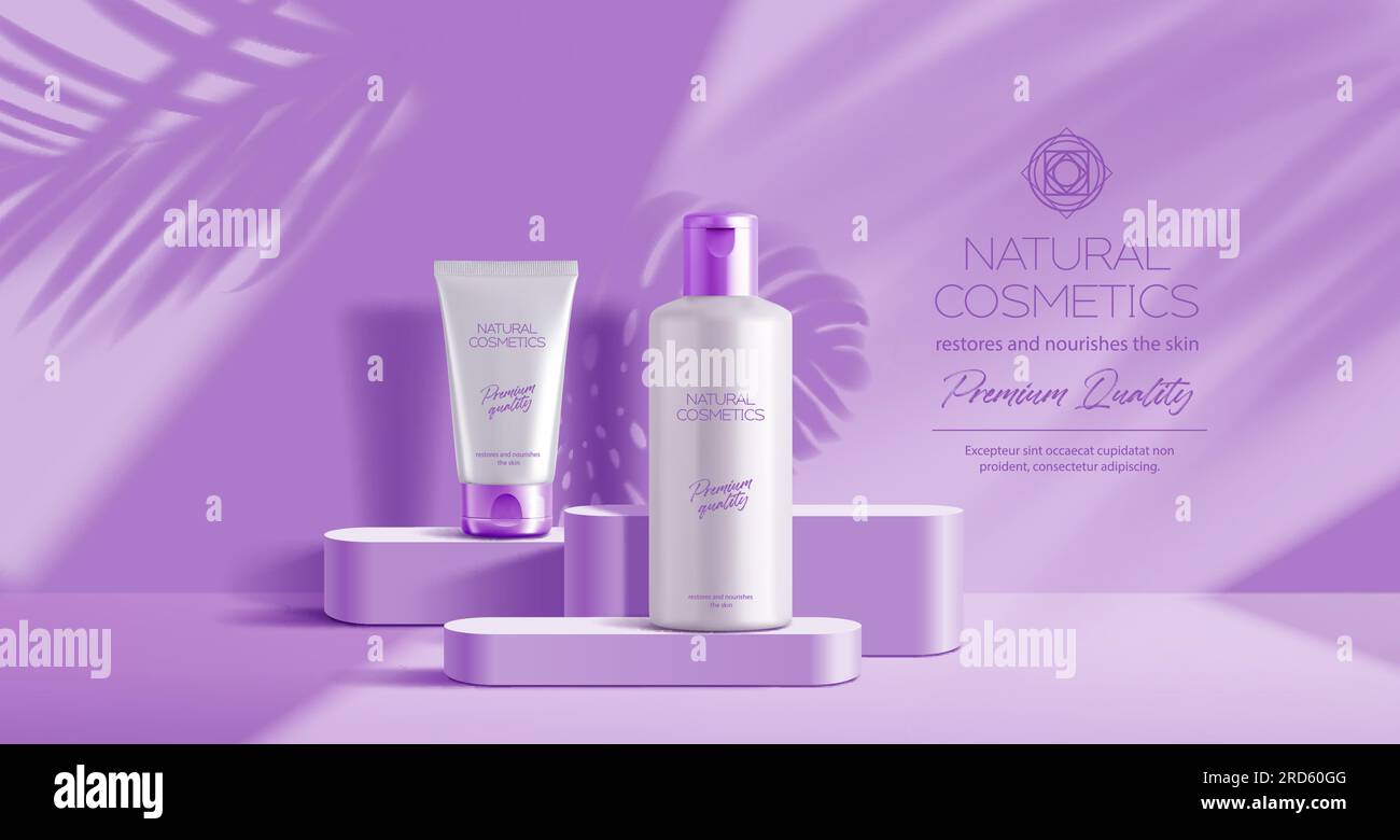 Violettes lavendelfarbenes Podium-Modell mit Palmenblättern und Kosmetika, Vektorprodukte zeigen Hintergrund. Violettes Podium mit kosmetischen Flaschen Creme-Feuchtigkeitscreme für hochwertige Luxusprodukte Stock Vektor