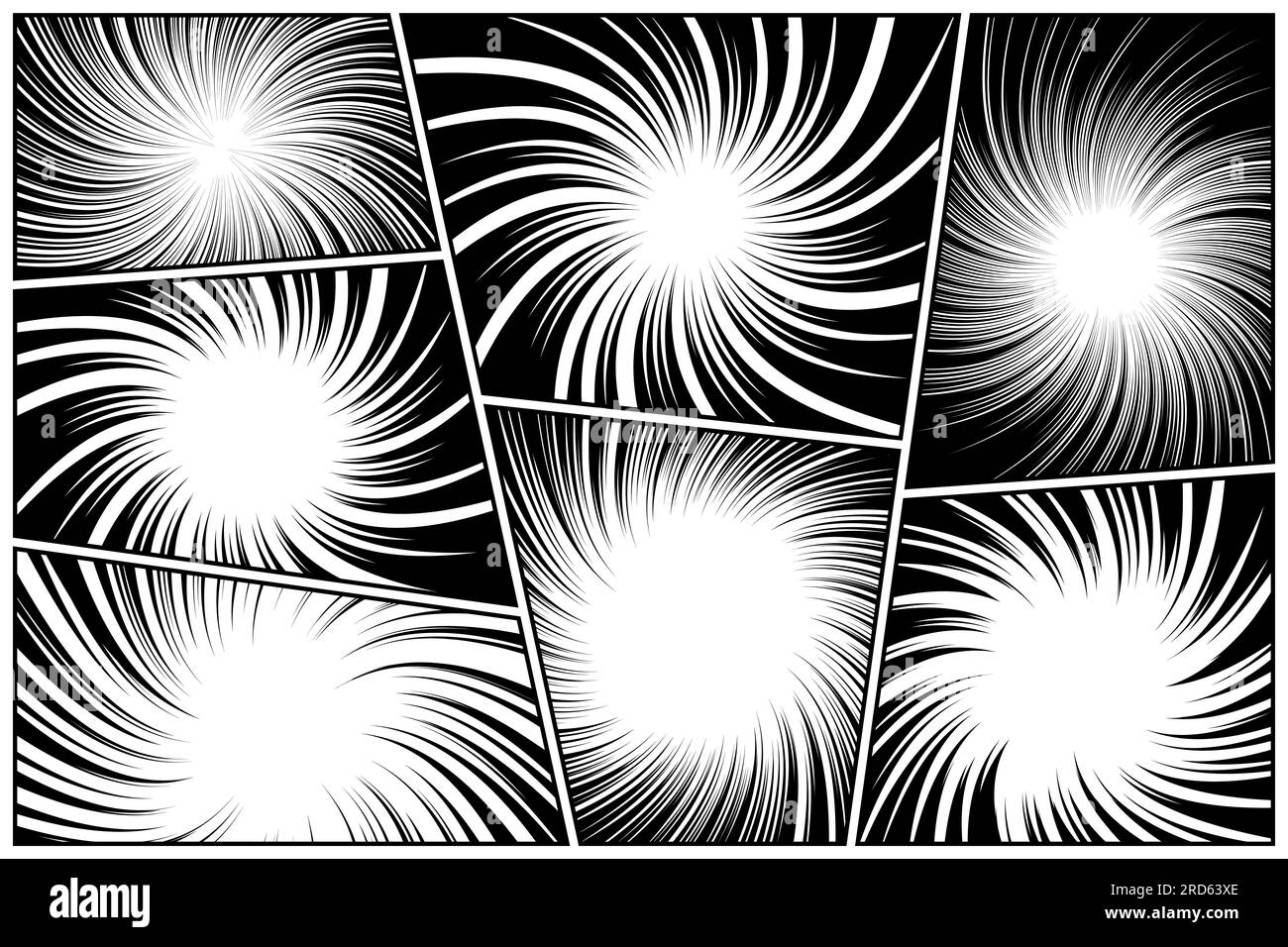 Verdrehte Comicbücher, radiale Strahlen, Linien. Comics-Hintergrund mit Bewegung, Geschwindigkeitslinien. Elemente im Pop-Art-Stil. Vektordarstellung Stock Vektor