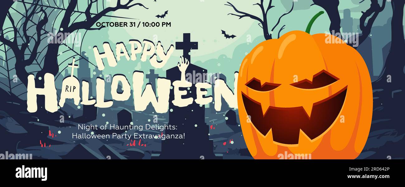 Happy Halloween All Saints Eve Banner mit gruseligem Kürbis auf dem