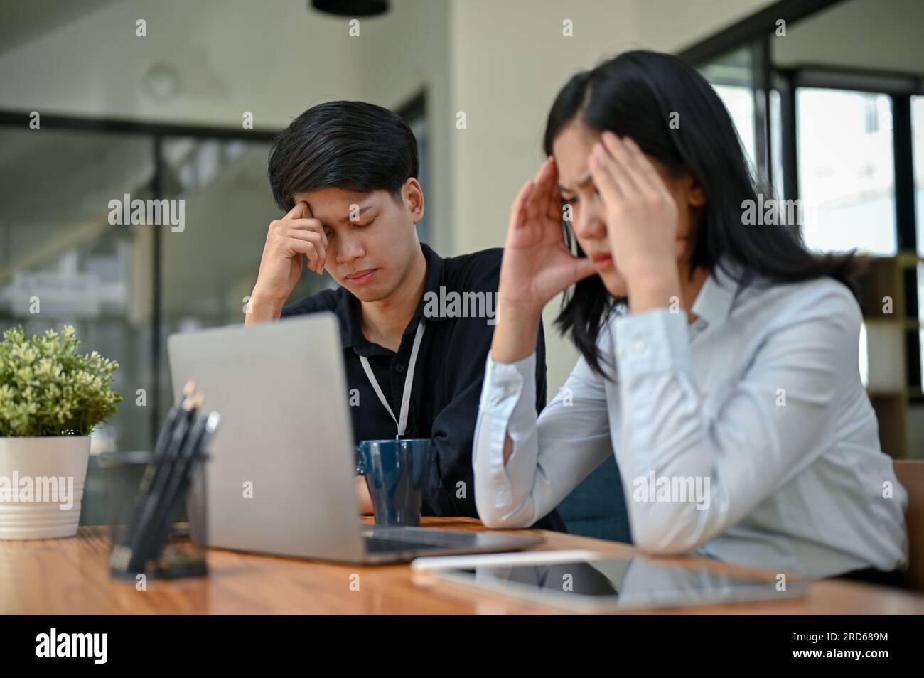 Zwei ernsthafte und gestresste asiatische Büromitarbeiter konzentrieren sich auf ihr gemeinsames Projekt, planen und finden Lösungen für ihre Projektprobleme. Stockfoto