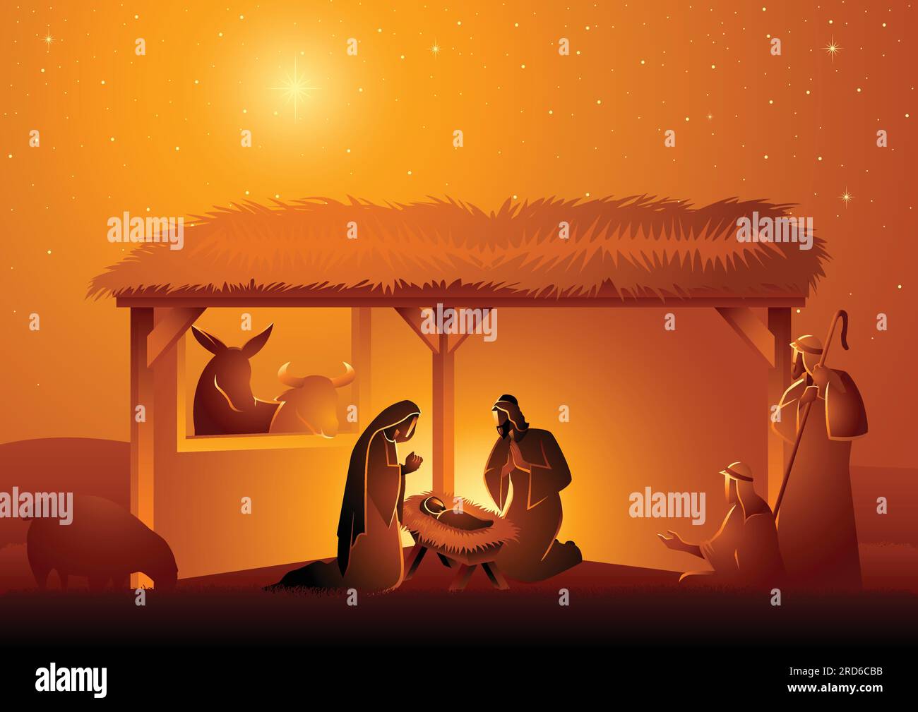 Biblische Vektor-Illustration-Serie, Krippe der Heiligen Familie in Stall. Weihnachtsthema Stock Vektor
