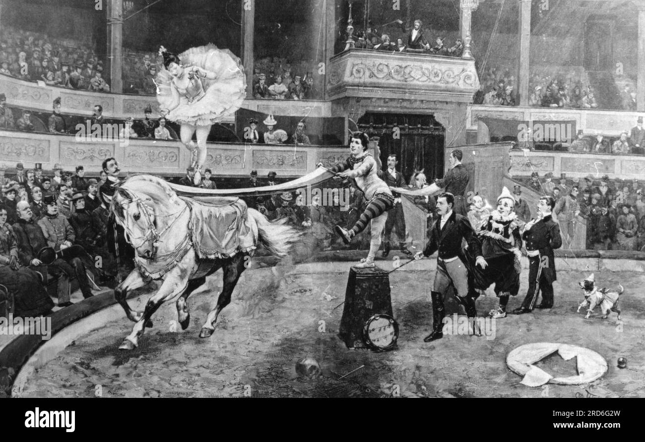 zirkus, Dressur, 'im Circus', Gemälde, von Otto Walter (1853 - 1904), circa 1880, ADDITIONAL-RIGHTS-CLEARANCE-INFO-NOT-AVAILABLE Stockfoto