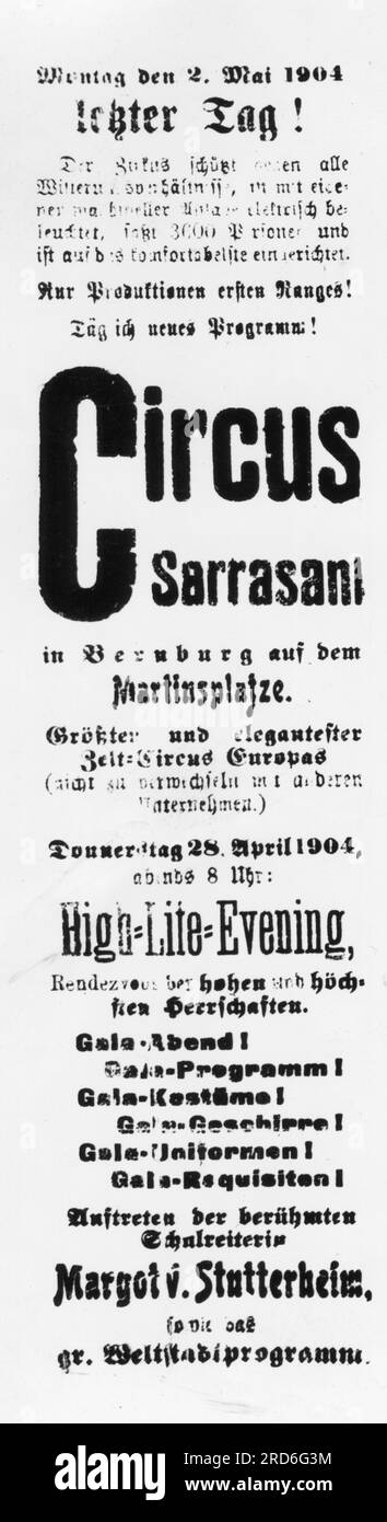 circus, Circus Sarrasani, Ankündigung, Bernburg, April / Mai 1904, ADDITIONAL-RIGHTS-CLEARANCE-INFO-NOT-AVAILABLE Stockfoto