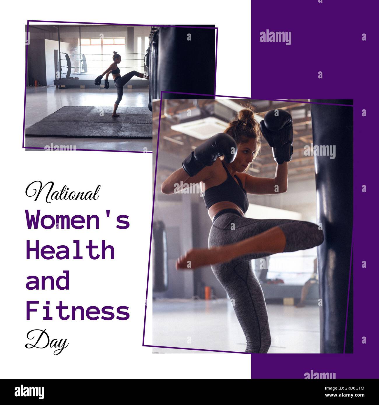 National Women's Health and Fitness Day Text with caucasian Woman Practiing Kickboxing in Gym Stockfoto