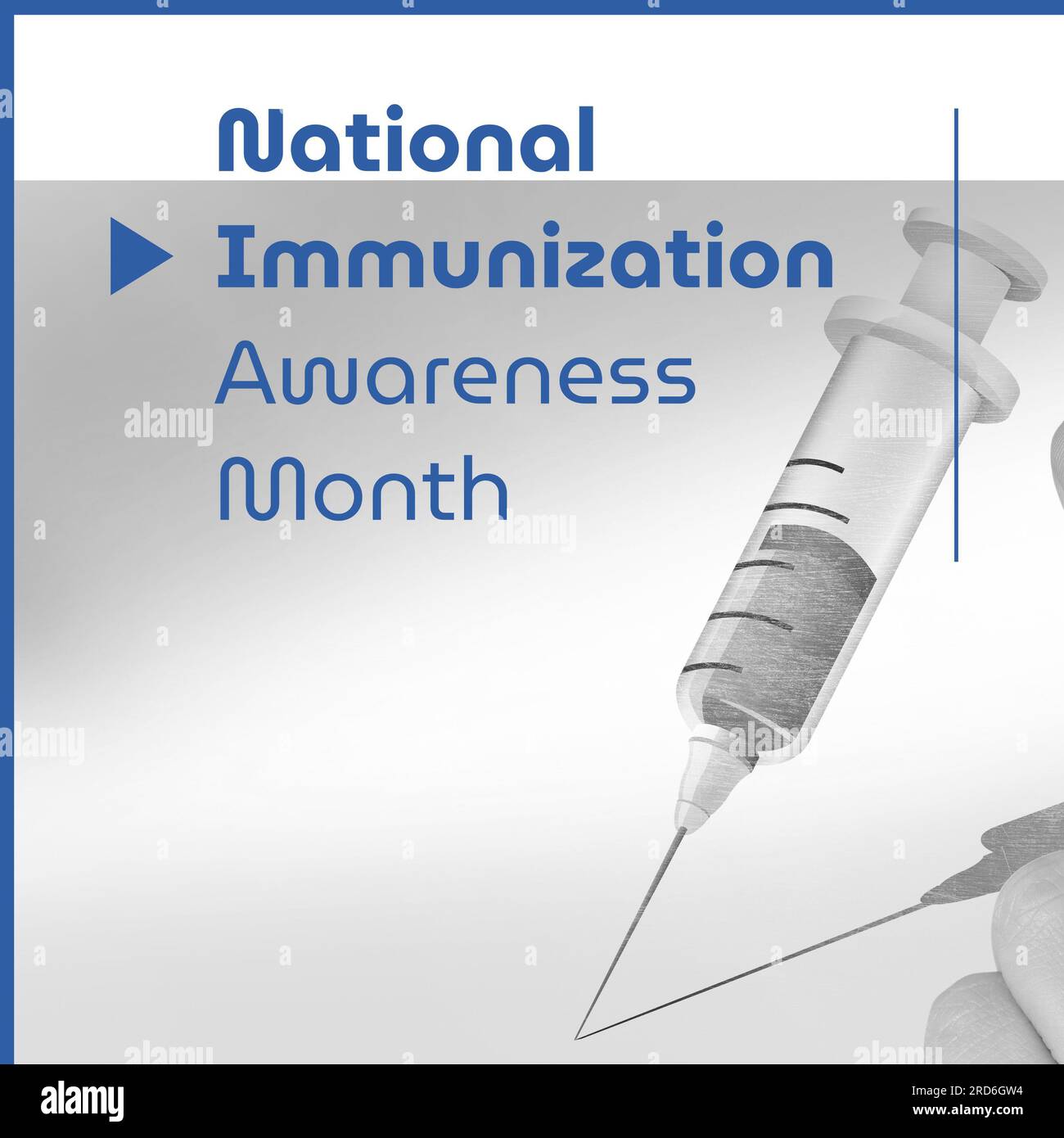 Text des National Immunization Awareness Month in blau über Spritze und Schatten Stockfoto