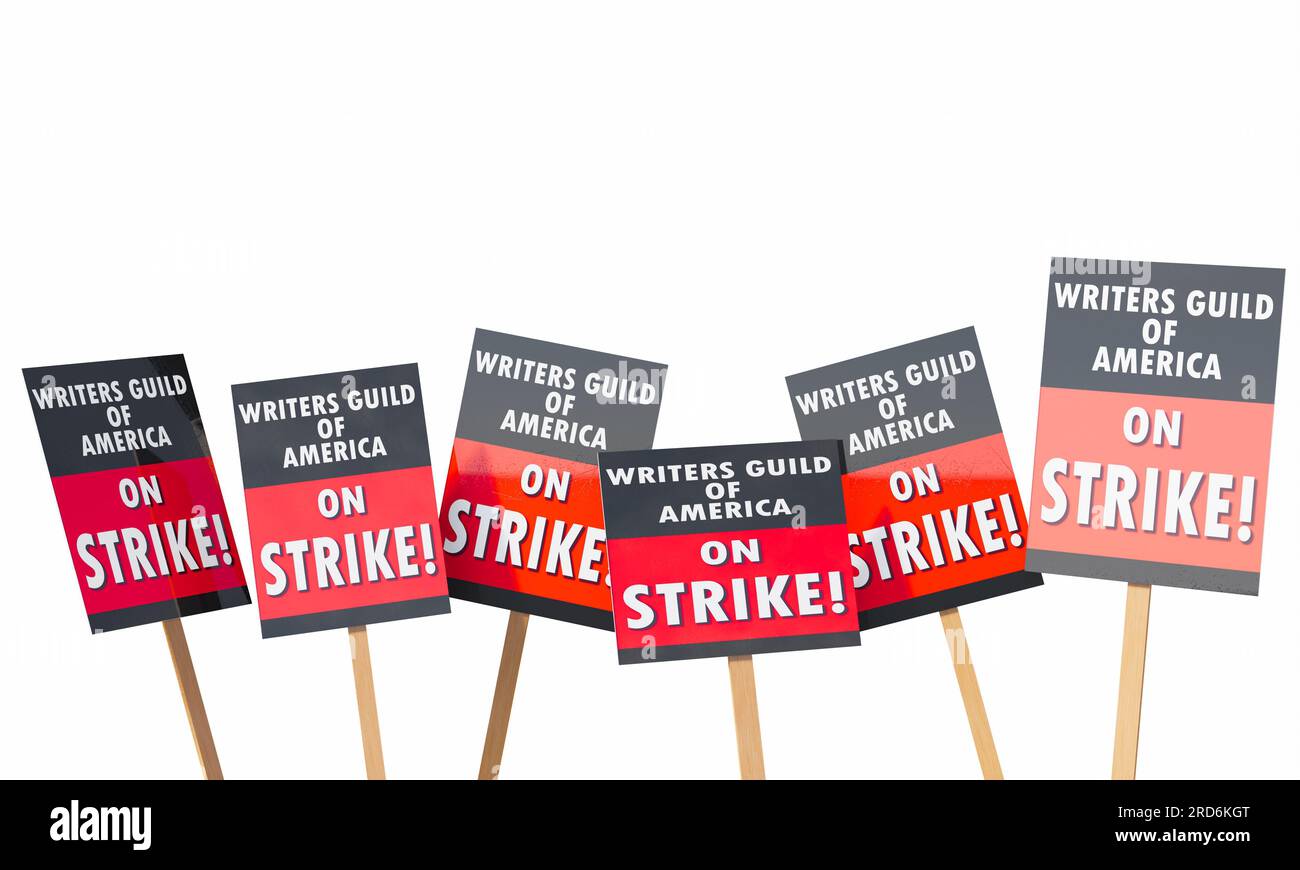 Writers Strike Concept und Filmindustrie Arbeitsunterbrechungen und Protestposter der Fernsehindustrie mit Kopierraum. 3D Abbildung. Stockfoto