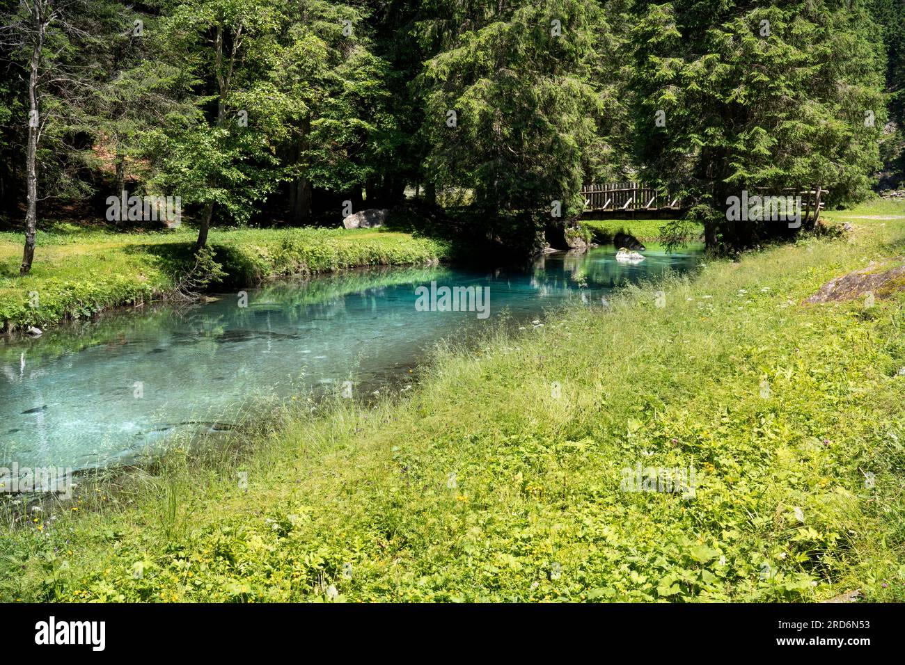 Fluss mit Holzbrücke im nambrone-Tal von trentino Stockfoto