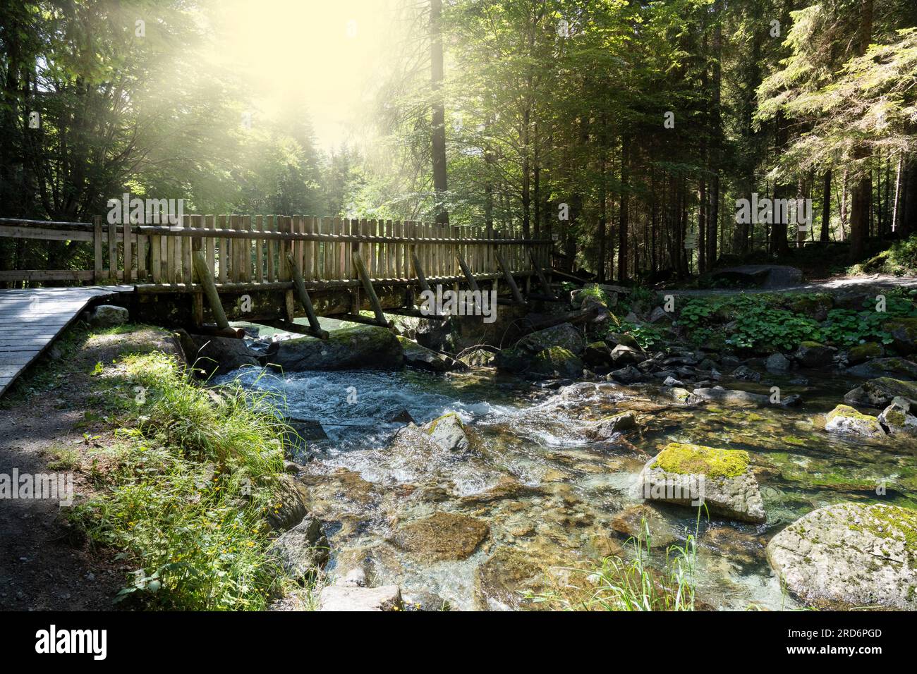 Holzbrücke im Wasserweg im kleinen Zug des nambrone-Tals Stockfoto