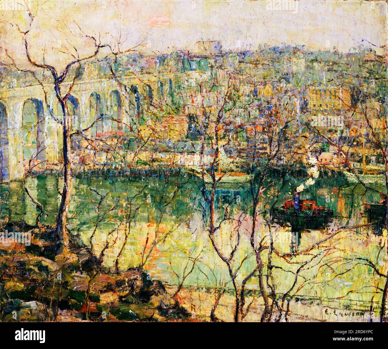 Ernest Lawson, High Bridge, Early Moon, Landschaftsmalerei in Öl auf Leinwand, ca. 1910 Stockfoto