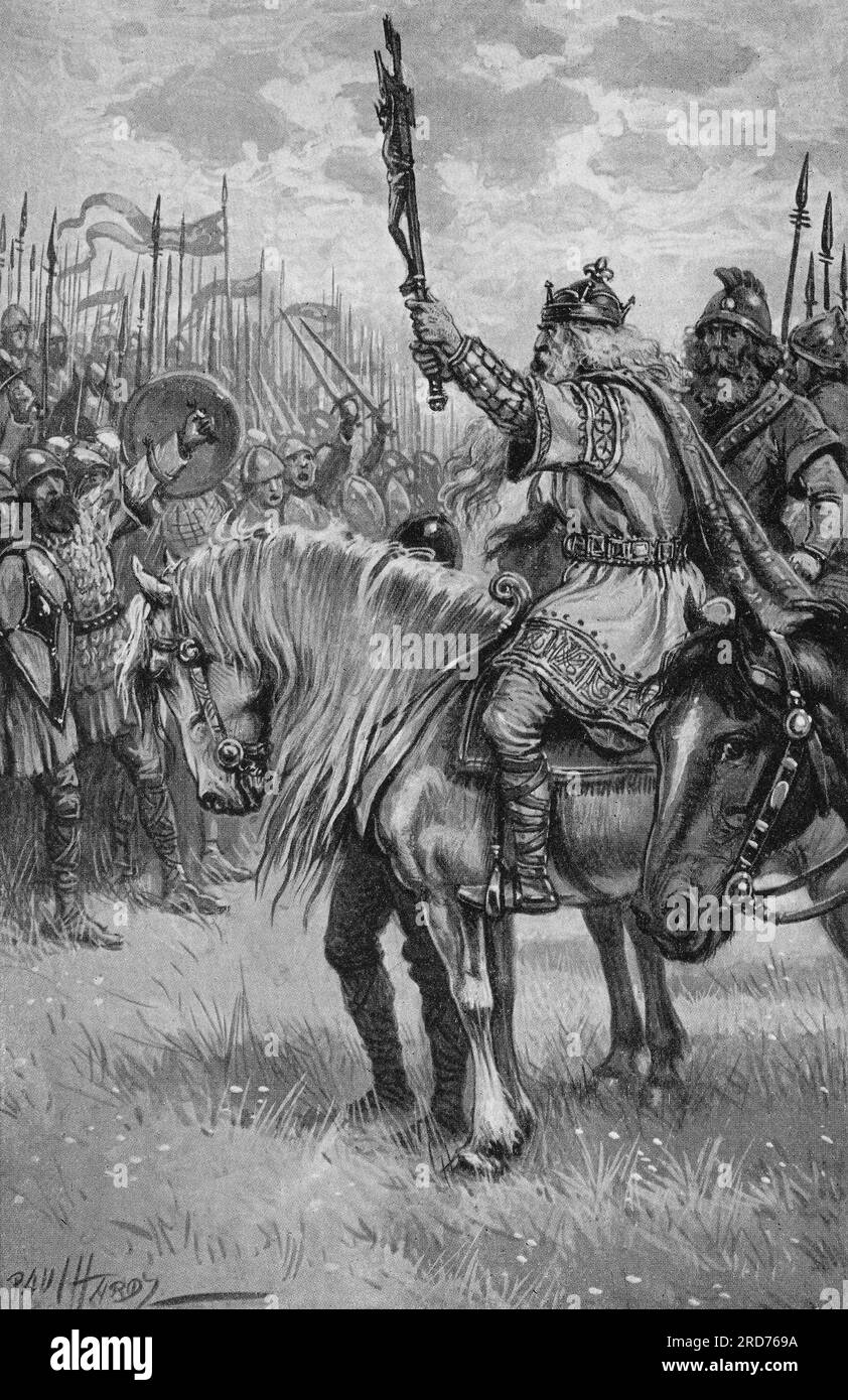 Ein Bild von Brian Boru, dem Hohen König von Irland, bei der Schlacht von Clontarf, die am 23. April 1014 in Clontarf, nahe Dublin, an der Ostküste Irlands stattfand. Es setzte eine Armee unter Boru gegen eine nordisch-irische Allianz aus Sigtrygg Silkbeard, König von Dublin, Máel Mórda mac Murchada, König von Leinster, und einer Wikingerarmee aus dem Ausland unter der Führung von Sigurd von Orkney und Brodir von Mann aus. Es dauerte von Sonnenaufgang bis Sonnenuntergang und endete in einer Reihe von Wikinger- und Leinster-Armeen. Stockfoto
