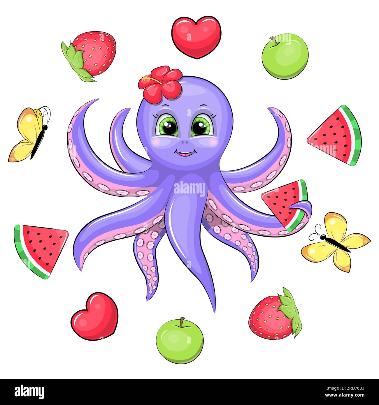 Süßer Cartoon-Oktopus mit Wassermelone in einem Obstrahmen. Sommertier-Vektorbild mit grünem Apfel, rotem Herz, Erdbeere, Wassermelone Stock Vektor