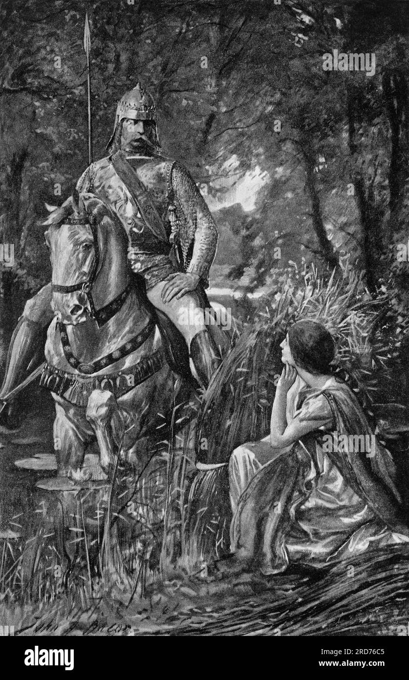 Eine Illustration, wie König Cormac Eithne seine zukünftige Frau trifft. Nach einer mittelalterlichen irischen Legende war Cormac mac Airt (227-266), der 257-266 v. Chr. regierte, vierzig Jahre lang ein hoher König von Irland, der von Tara in der Grafschaft Meath, dem Sitz der Hohen Könige von Irland, regierte. Stockfoto