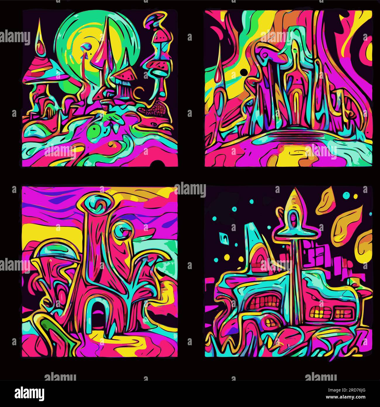 Psychedelische Häuser, die wie Droge-Pilze aussehen. Fantasie in sauren Farben. Heller, verblasster Stil auf dunklem Hintergrund. Stock Vektor
