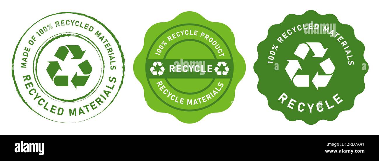 Recycling-Emblem rund Tag zu 100 % aus recycelten Materialien grün Stock Vektor