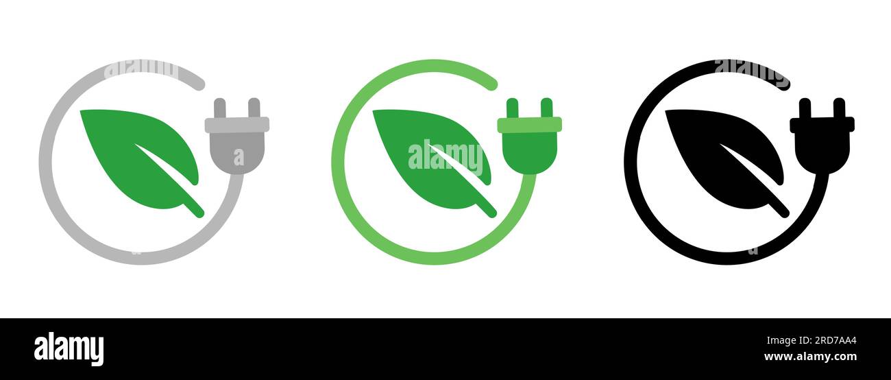 Green Eco Power Energy Kabelstecker und Leaf Symbol Set Kollektion Stock Vektor