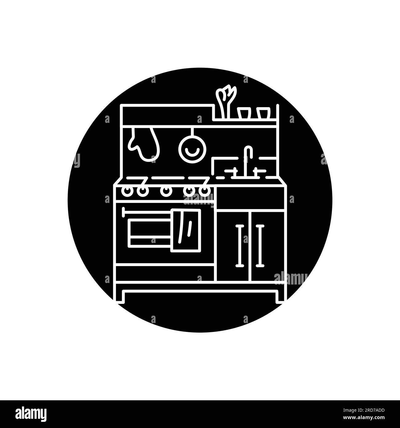 Kinderspielzeug Küche mit schwarzer Linie Symbol. Piktogramm für Webseite, mobile App, Werbeaktion. Stock Vektor