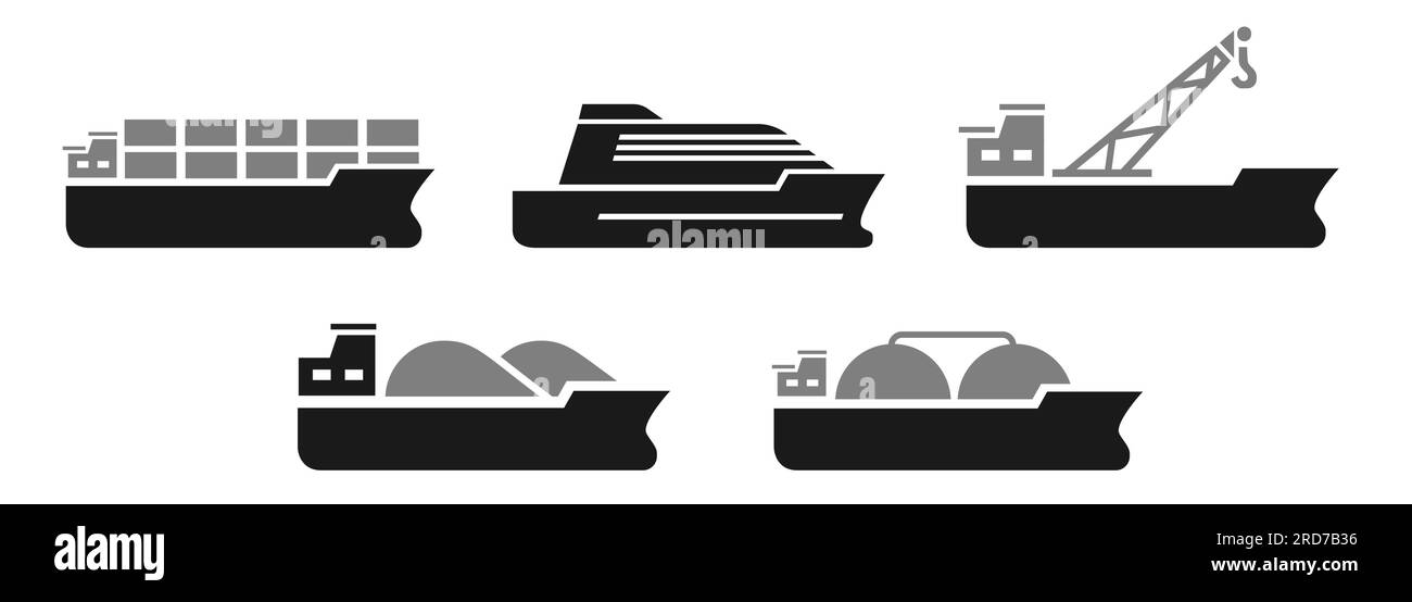 Container Kreuzfahrtschiff Kran Kohle Gas Transport Schifffahrt Industrie Icon Set Sammlung flach einfach Stock Vektor