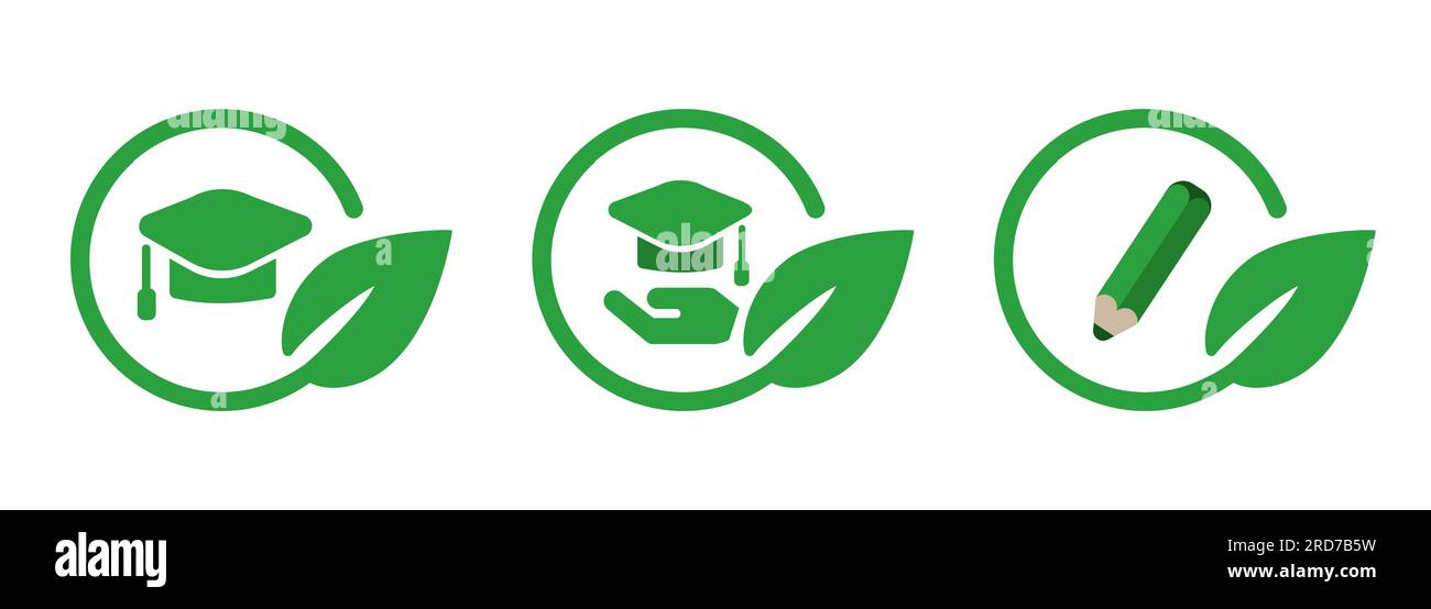 Hut und Bleistift in grünen Blättern umkreisen das Symbol für umweltfreundliche Öko-Studiengänge an Schulen Stock Vektor