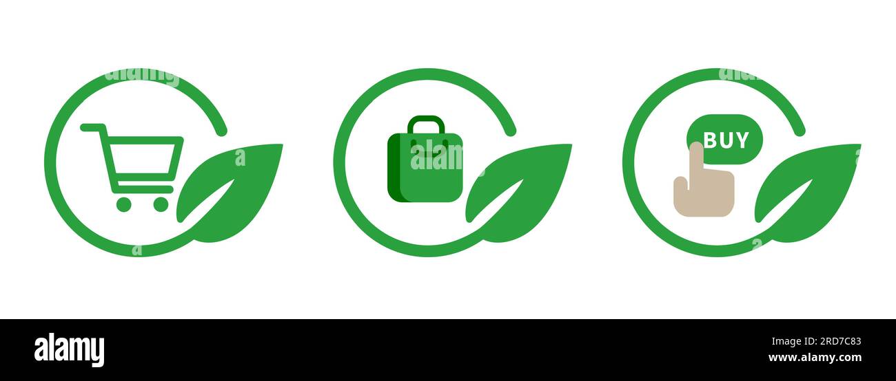 Kaufentscheidung für verantwortungsbewussten Warenkorb mit grünen Blättern, die die Symbolsammlung umschließen Stock Vektor
