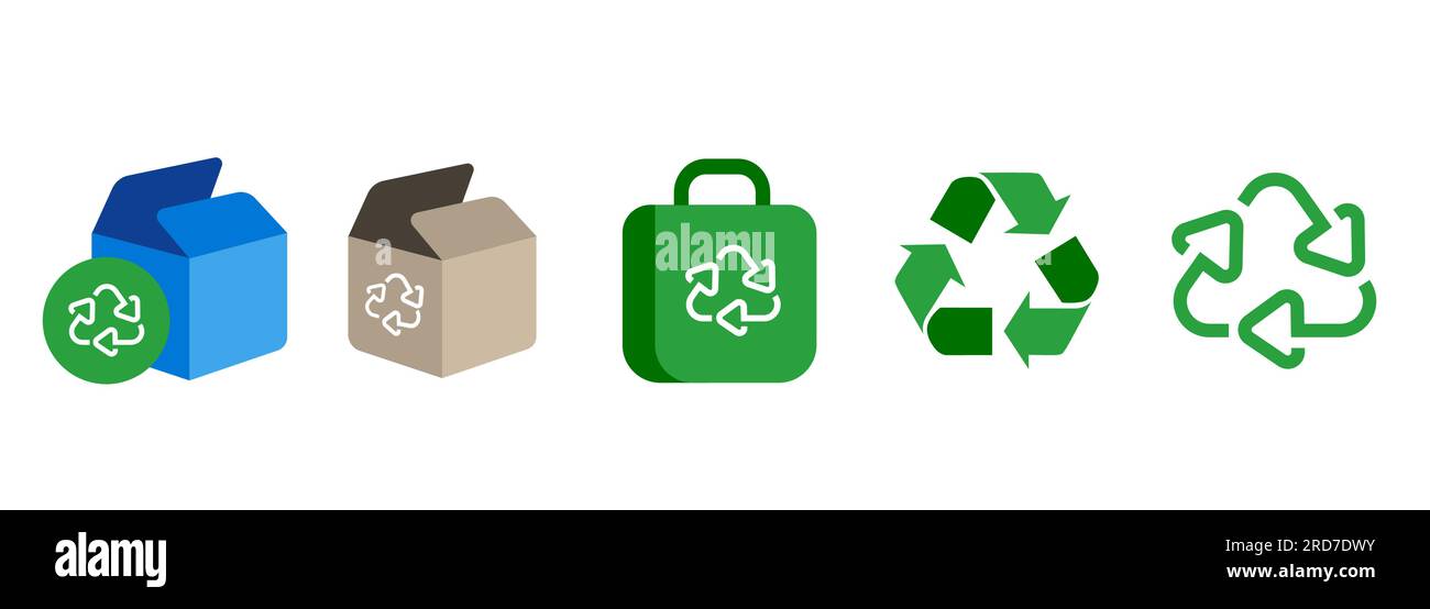 Recycle Dreieck Symbol recycelte Produktverpackung Einkaufstasche Pappkarton Symbolsatz Sammlungsvektor Stock Vektor