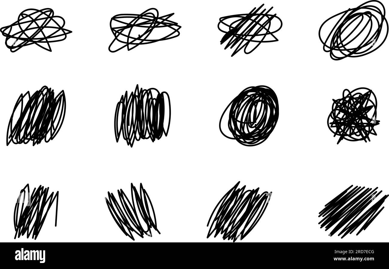 Handgezeichnete schwarze Pinselstriche. Doodle Bleistift, Marker und Stift. Malen und kritzeln Sie Linien. Isolierte Vektorabbildungen auf weißem Hintergrund. Stock Vektor