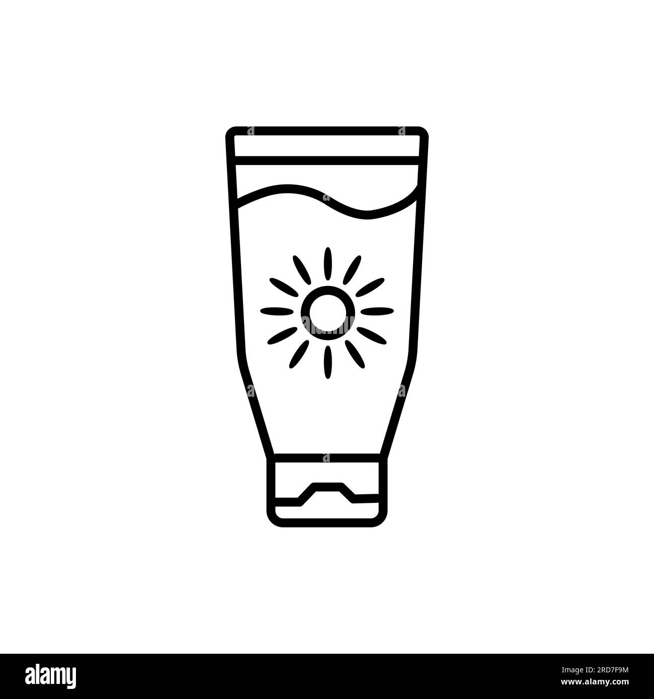 Sonnencreme-Ikone aus der Sommerkollektion. Dünnes lineares Sonnenschutzmittel, Creme, Sonnenumriss, isoliert auf weißem Hintergrund. Linienvektor Sonnenschutzschild, Symbol Stock Vektor