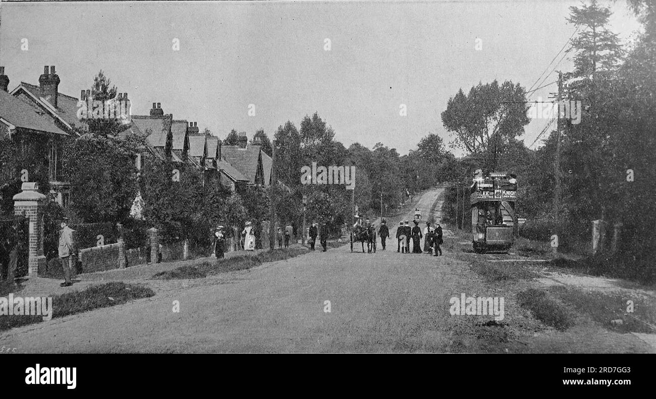 Eine Straßenbahn und eine Pferdekutsche auf der London Road, Waterlooville. Aus einer Sammlung gedruckter Anzeigen und Fotos von 1908, die sich auf die Southsea und Portsmouth Gegenden von Hampshire, England, beziehen. Einige der Originale waren kaum größer als die Snapshot-Größe und die Qualität war variabel. Stockfoto