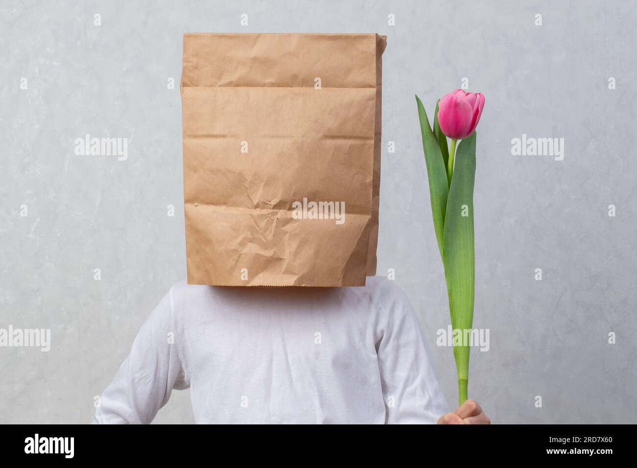 Ein anonymer Mann mit einer Kiste auf dem Kopf, die seine Identität einschränkt, hält eine Blume in der Hand. Verborgene Emotionen. Ein Geschenk von einem Fremden. Stockfoto