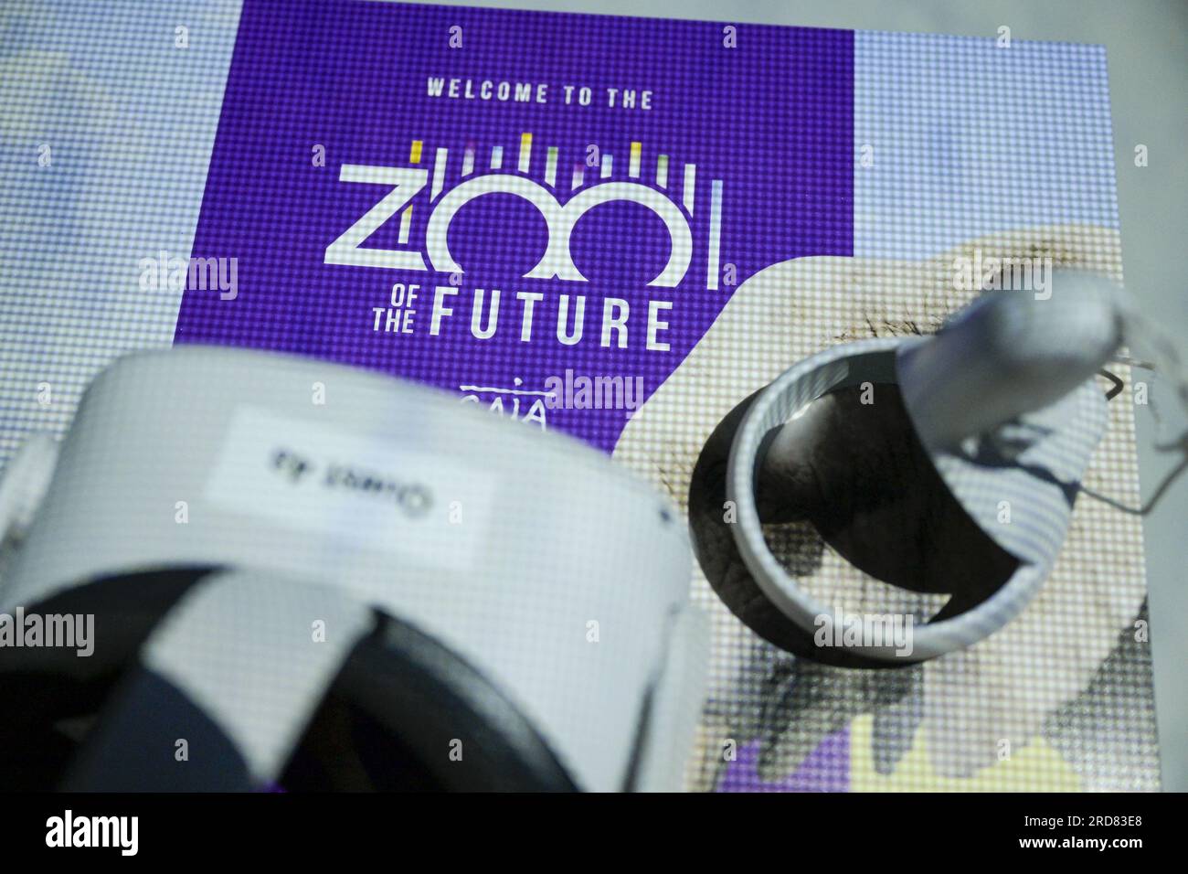 Brüssel, Belgien. 19. Juli 2023. Abbildung zeigt den Start der Sommerkampagne „Virtueller Zoo“ der Tierschutzorganisation Gaia am Mittwoch, den 19. Juli 2023 in Brüssel. Dank der Virtual-Reality-Brille ermöglicht Gaia es, Tiere in ihrem natürlichen Lebensraum auf sehr realistische Weise zu beobachten und dabei ihr Wohlergehen zu respektieren. BELGA FOTO LAURIE DIEFFEMBACQ Kredit: Belga News Agency/Alamy Live News Stockfoto