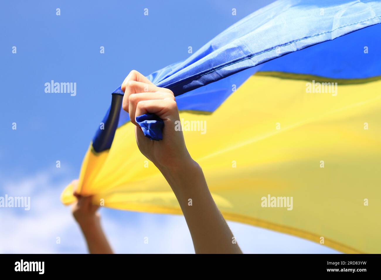Frauenhände mit der ukrainischen Flagge am Himmel. Die ukrainische Flagge flattert im Wind. Unabhängigkeitstag der Ukraine. Gelb-blaue Flagge Stockfoto