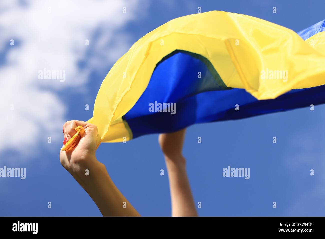 Frauenhände mit der ukrainischen Flagge am Himmel. Die ukrainische Flagge flattert im Wind. Unabhängigkeitstag der Ukraine. Gelb-blaue Flagge Stockfoto