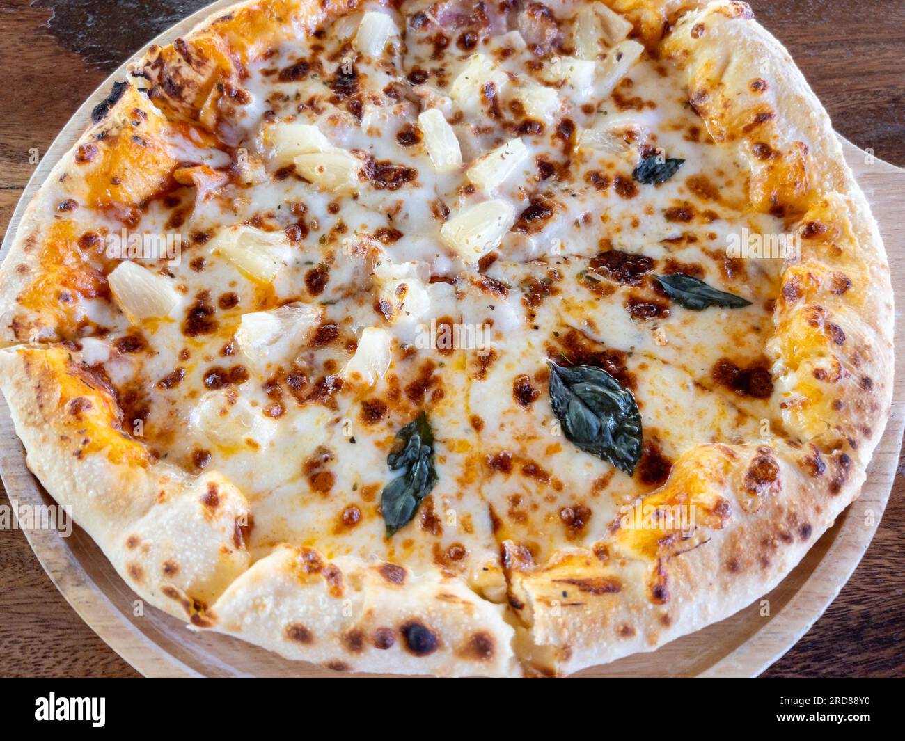 Die margherita Pizza wird auf der Holzpfanne aus der hausgemachten Küche serviert, Übersicht mit dem Kopierbereich. Stockfoto