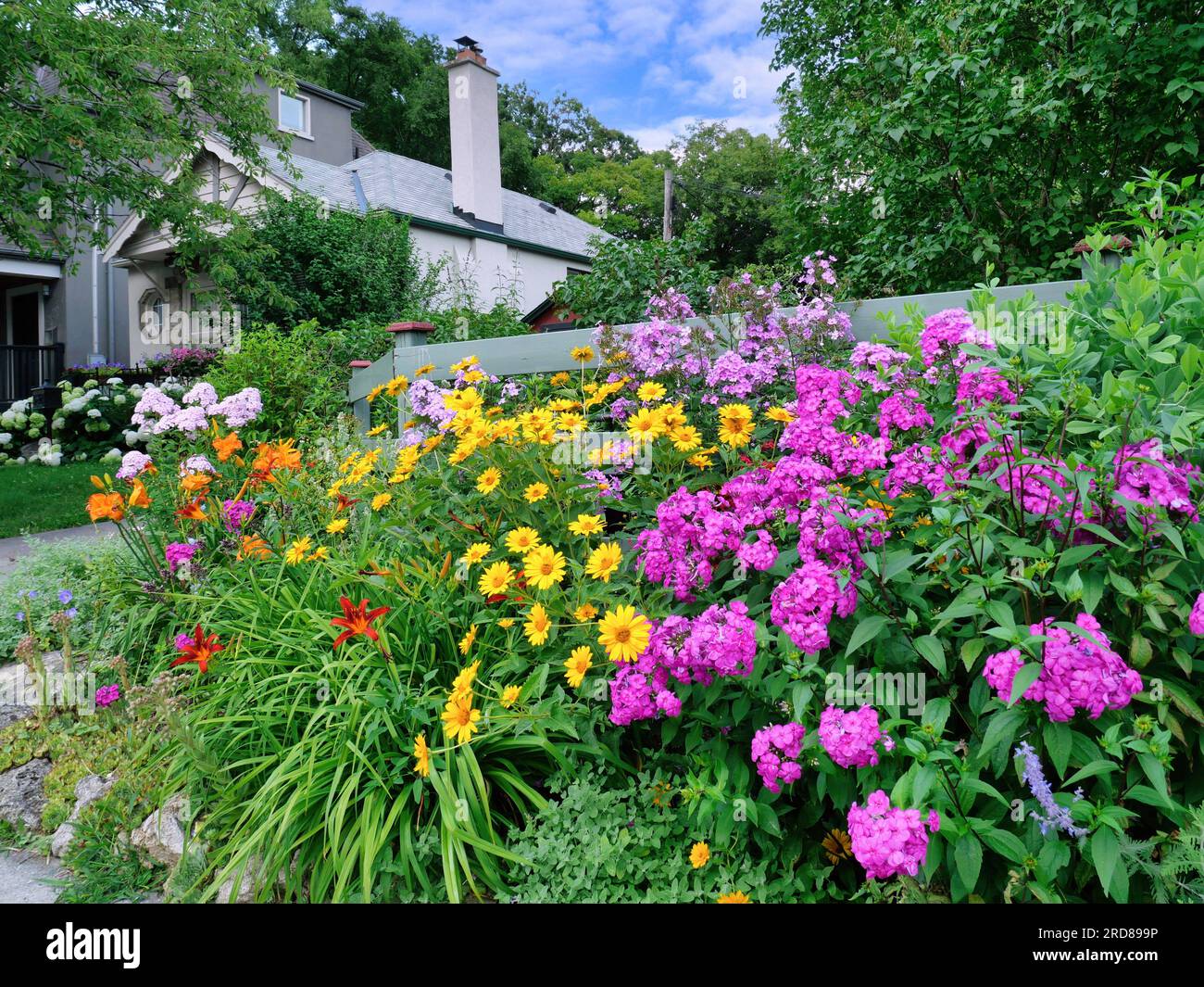 Wohnstraße und Haus mit bunten Blumen im Vorgarten Stockfoto