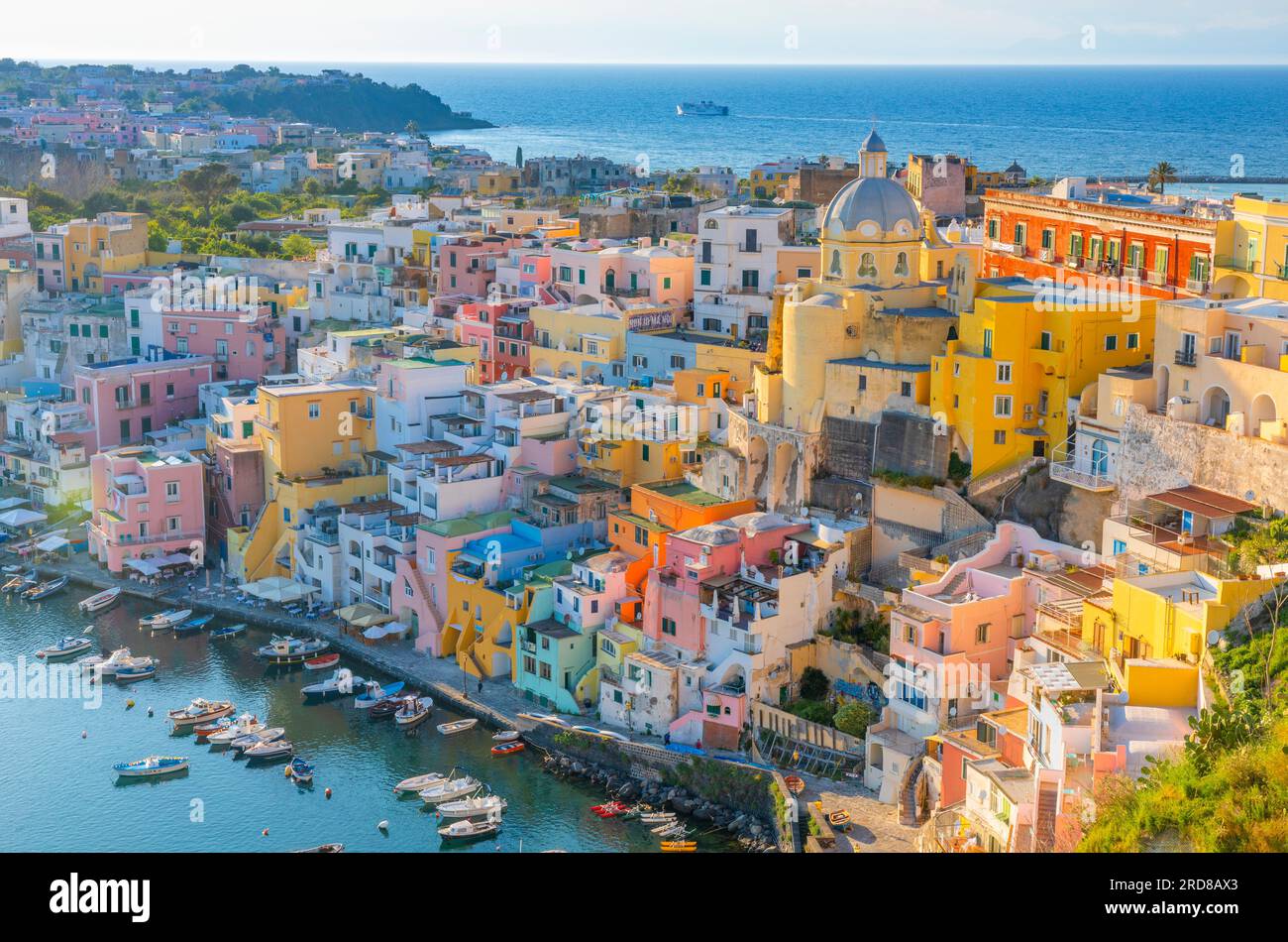 Aerial of Marina di Corricella at Sunset, Procida, Flegrean Islands, Campania, Italien, Europa Stockfoto