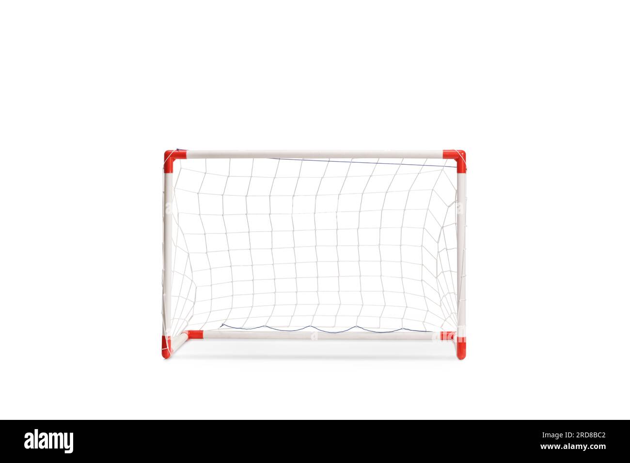 Vorderansicht eines Mini-Fußballtors isoliert auf weißem Hintergrund Stockfoto