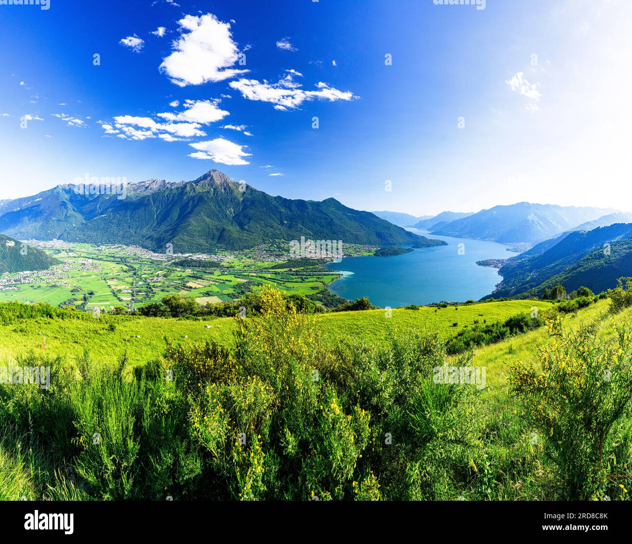 Panoramablick auf Monte Legnone und Alto Lario von grünen Wiesen über dem Comer See, Bugiallo, der Provinz Como, der Lombardei, den italienischen Seen, Italien, Europa Stockfoto