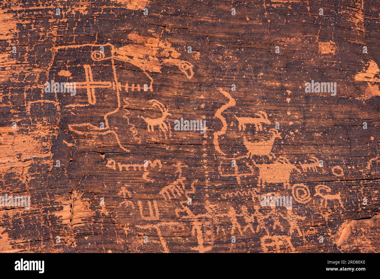 Felskunst der amerikanischen Ureinwohner (Petroglyphen) an der Canyon Wall, Petroglyph Canyon, Mouse's Tank Trail, Valley of Fire State Park, Nevada, USA Stockfoto