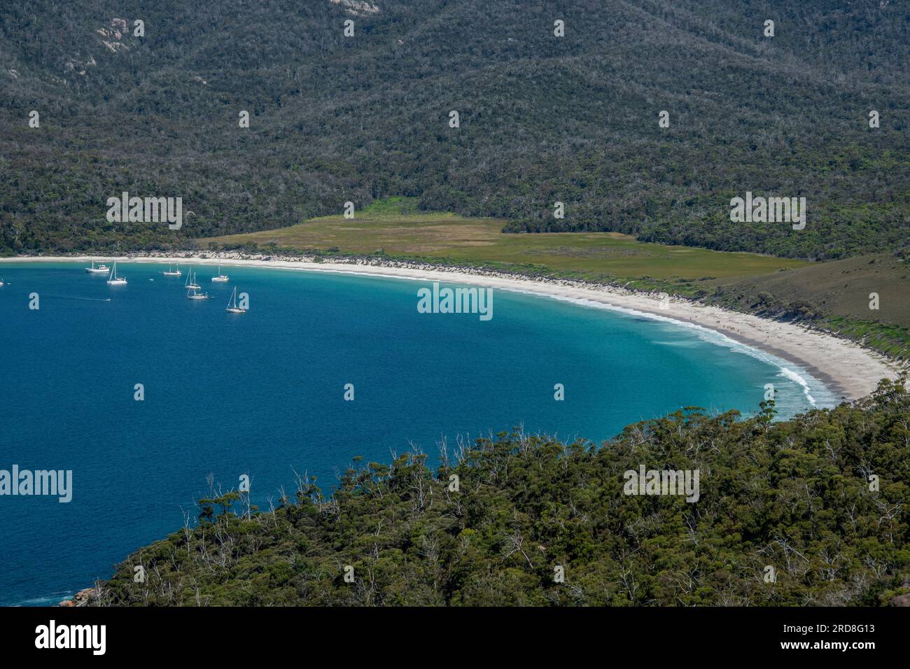 Moore-Yachten und weißer Strand Winelass Bay Frycenet Halbinsel Tasmanien Australien Stockfoto